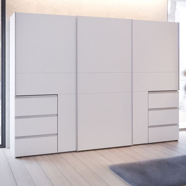 Forte WINN 2 Kleiderschrank 270, moderner Kleiderschrank mit 3 Schwebetüren und 6 Schubladen, Holzwerkstoff, Weiß, 269,7 cm breit x 200,5 cm hoch x 61 cm tief