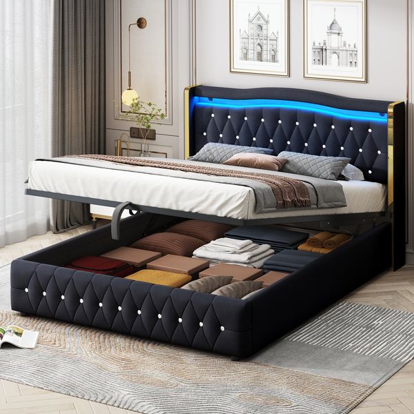 Polsterbett 160x200cm, Breite Beine mit hellen Streifen für stabilen Halt, Mit farbwechselnder LED-Beleuchtung, Mit Hydraulik zur Lagerung, Mit hellen Rautenakzenten, Doppelbett, Samtstoff, Schwarz