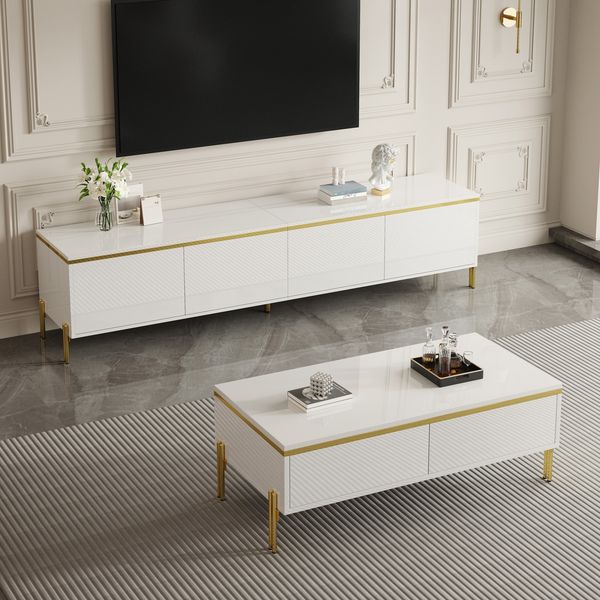 TV-Schrank- und Couchtisch-Set 170x38x50 cm + 100x50x36 cm, Hochglanz, Weiß mit Goldakzenten