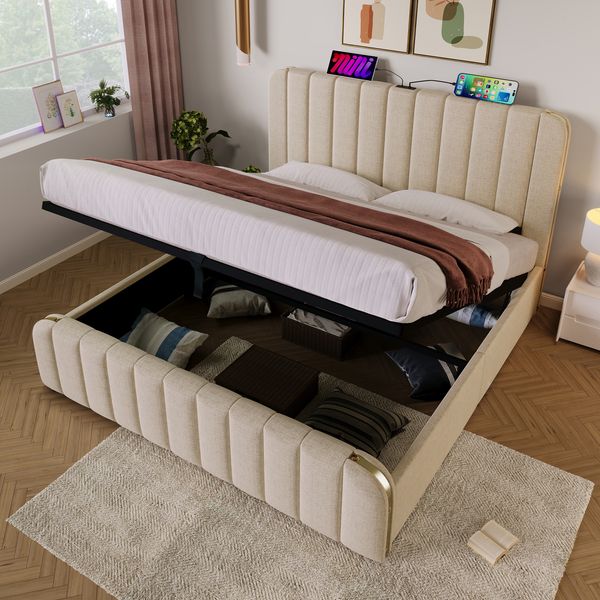 Polsterbett 180×200 cm mit hydraulischem Bettkasten, USB/Typ-C, beige, ohne Matratze