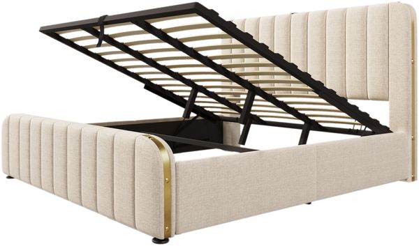 Polsterbett 180×200 cm mit hydraulischem Bettkasten, USB/Typ-C, beige, ohne Matratze Bild 6