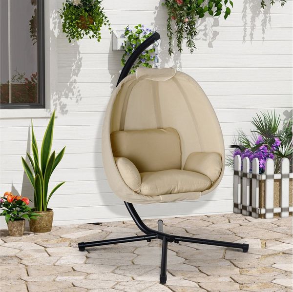 Outsunny Hängesessel Eiförmiger, mit abnehmbar waschbar Sitz, Gestell, für 1 Personen (Hängeschaukel für den Außenbereich, 1-St, Hängematte), für Indoor Outdoor, Terrasse, Garten, Khaki