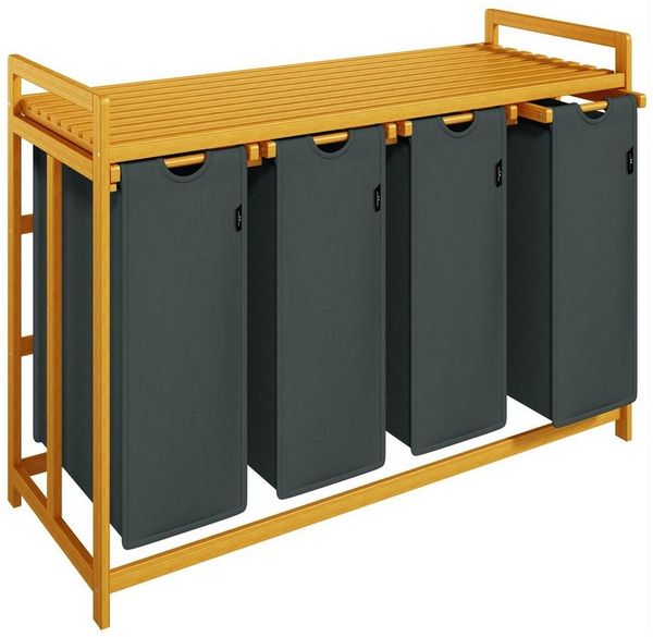 AdelDream Wäschekorb mit Bambusrahmen,200 l, 4 Fächer,Wäschesortierer