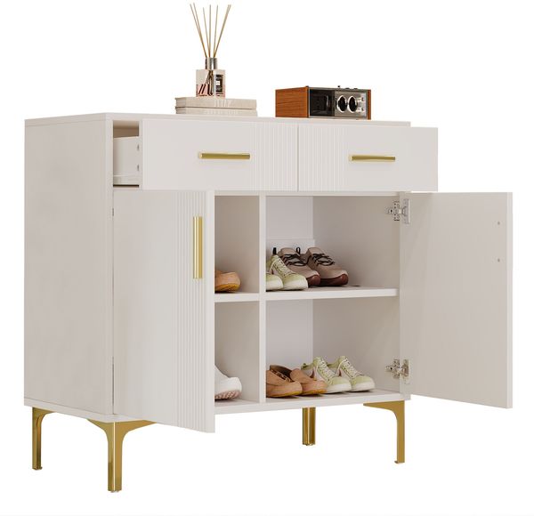 Sideboard 80x35x79,5 cm, weiß, MDF mit gerillten Türpaneelen und goldenen Details Bild 7