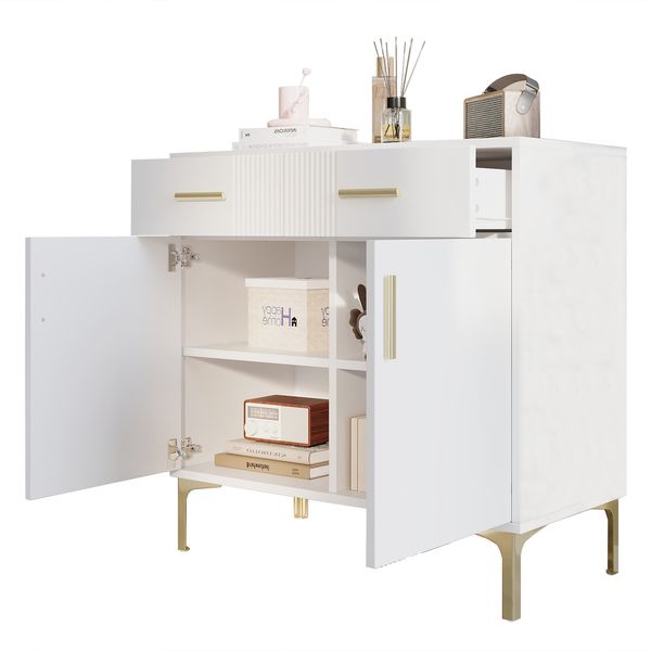 Sideboard 80x35x79,5 cm, weiß, MDF mit gerillten Türpaneelen und goldenen Details Bild 8