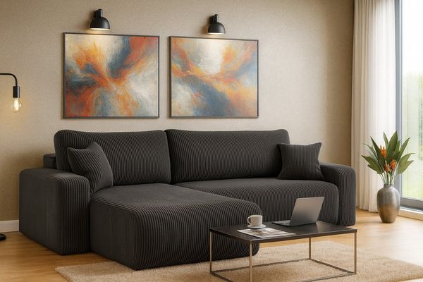 M-Punkt24 Ecksofa LYON, mit Bettfunktion – Feiner Cord Stoff – HR Schaum RG30 – Rundes Design – Universell rechts & links stellbar