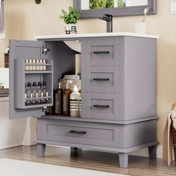 Badezimmerschrank Freistehend,Waschtisch mit Keramikbecken, 3 Schubladen, Spanplatte wasserdicht,geräuscharme Schienen,Grau