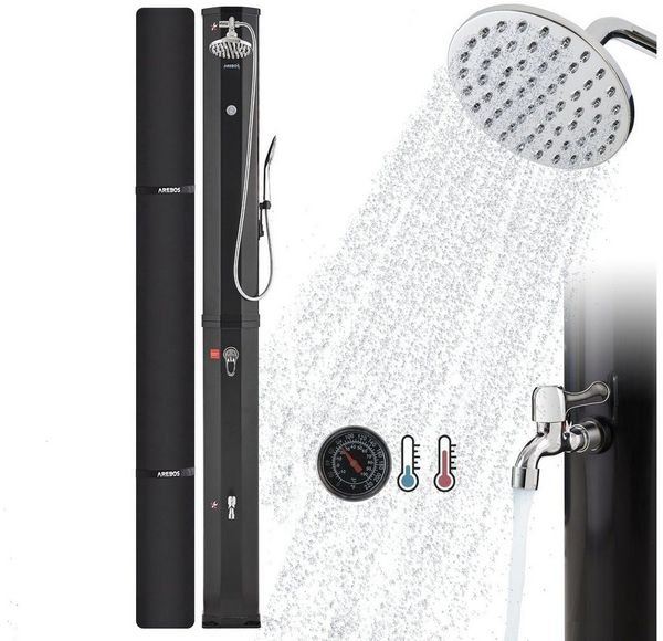 Arebos Solardusche 60 L Solar-Gartendusche mit Handbrause, Thermometer & Fußdusche (Komplett-Set, Schwarz), inkl. Abdeckhaube