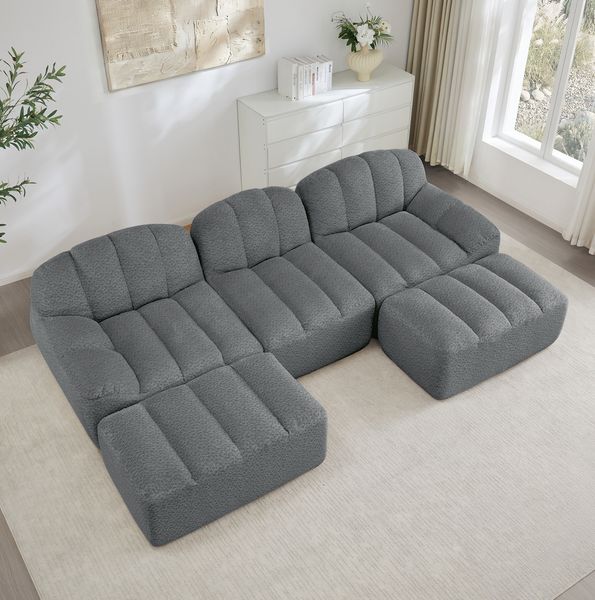 Modulares Sofa mit Ottoman, Granulierter Fleece, U-/L-Form, 228 x 165 x 79 cm, grau