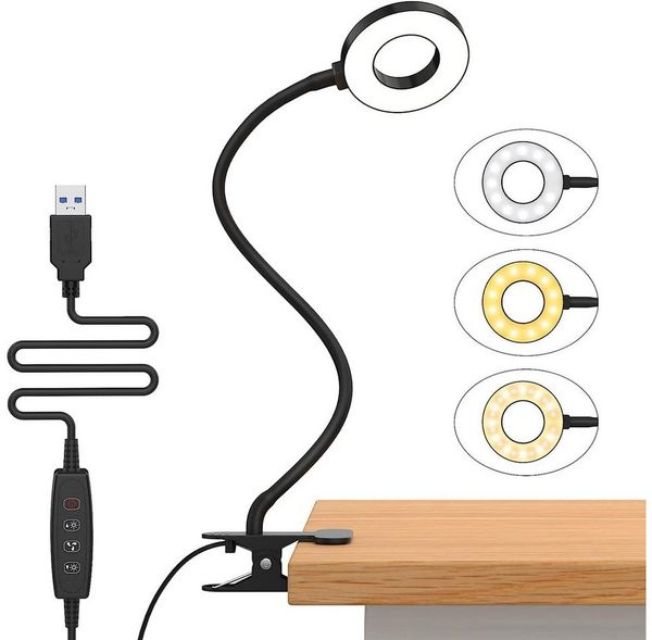 Sunicol Klemmleuchte Dimmbar LED Schreibtischlampe, 3 Farbtemperatur, 10 Helligkeit, 360° Schwanenhals Augenpflege Leselampe, USB