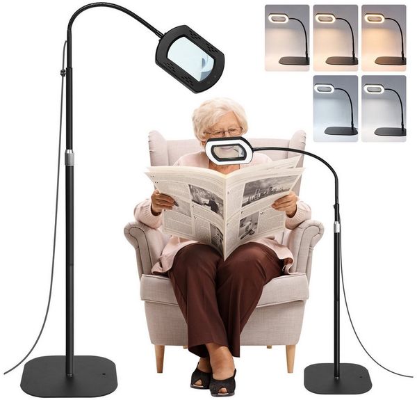 QUBEBU LED Leselampe Stehlampe Standleuchte mit 10 Dioptrien Lupe, 3-in-1 Schreibtischlampe, 10X Lupe mit Licht, LED fest integriert, LED Beleuchtete Lupe mit 5 Farbmodi und Stufenloser Dimmbarkeit, Klemmlampe mit Base und Schwenkarm, Stehleuchte, für ...