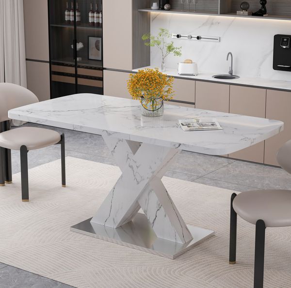 Esstisch 120-160 x 80 x 76,5 cm – ausziehbar, Weiß in Marmoroptik, MDF und Stahl