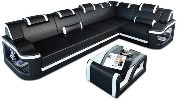Ecksofa Padua L Form - Büffelleder - schwarz-weiß - Rechts