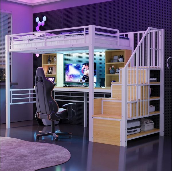 OKWISH Hochbett Metallbett Kinderbett (mit Schreibtisch, Ablage, LED-Beleuchtung und europäischer Steckdose, inklusive Stauraumtreppe, hohem Schutzgitter und Eisenrahmen, 90x200 cm) ohne Matratze