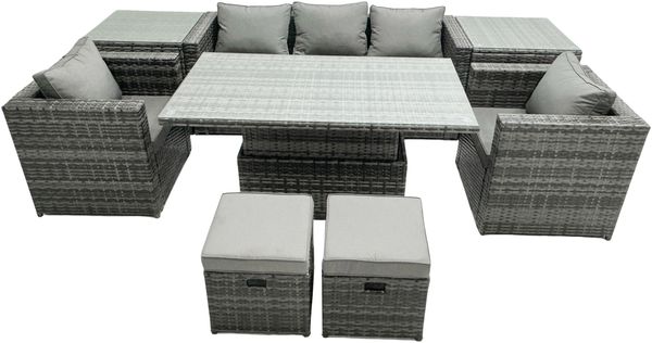 Fimous Rattan Gartenmöbel Einstellbare Aufsteigende Esstisch Sofa Set Stühle 2 Side Couchtische mit 2 Hockern