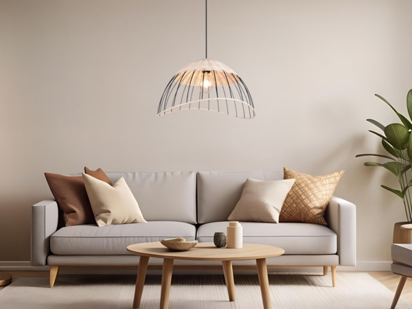 Große Pendelleuchte SANDRINE mit Lampenschirm aus Rattan & Draht, Ø 48cm