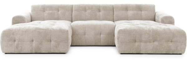 luma-home Wohnlandschaft U-Form 6-Sitzer, raffinierte Steppungen, Chenille-Bezug in Sand Grau, 323 x 161 x 79 cm
