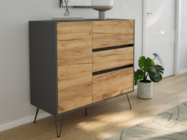 Sideboard Kommode Altan 100cm Greifraum 3 SoftClose 1 Tür Grafit/Eiche Front : Oak Gold / Grafit