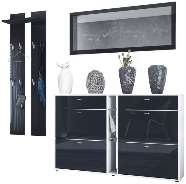 Vladon Garderoben-Set Orlando, (Garderoben-Set, mit Schuhschrank, Wandpaneel und Wandspiegel), Weiß matt/Schwarz Hochglanz