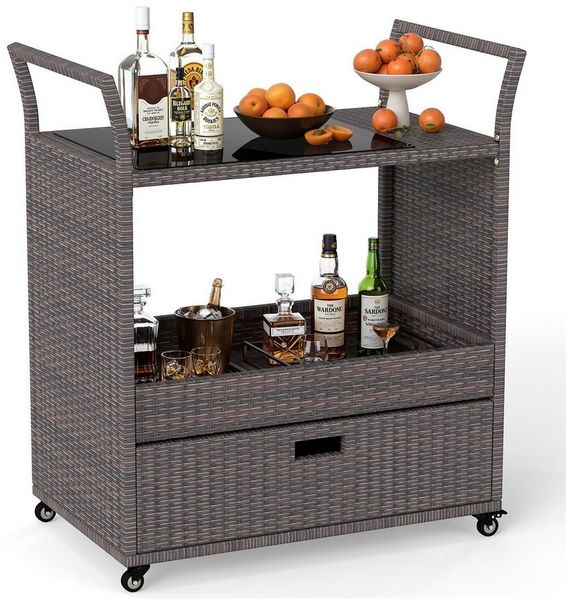 COSTWAY Grillablagetisch, Grillwagen Outdoor, Rattan Servierwagen mit Schublade