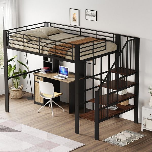 Flieks Hochbett Metallbett Kinderbett 140x200cm mit großen Stauraum und Treppe