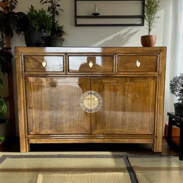 Vintage Kommode Braun Kastanienbraun Messingkreis chinesisch Schrank Sideboard Kolonial-Stil Antik-Stil Lowboard asiatisch orientalisch Fernost shabby-chic Landhaus
