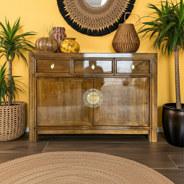 Vintage Kommode Braun Kastanienbraun Messingkreis chinesisch Schrank Sideboard Kolonial-Stil Antik-Stil Lowboard asiatisch orientalisch Fernost shabby-chic Landhaus