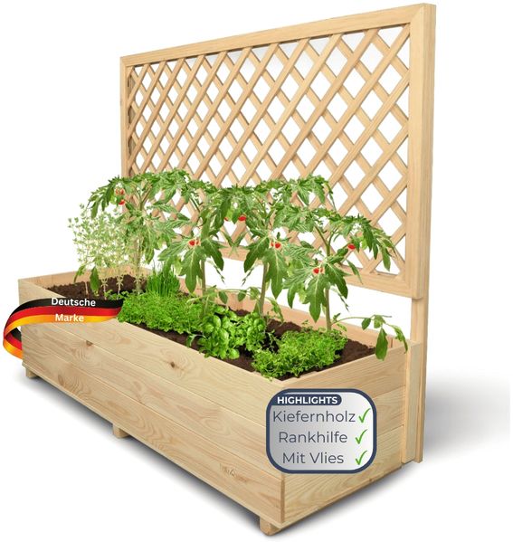 Pflanzkasten mit Rankgitter THIO - Inkl. Vlies & Handschuhe | Hochbeet mit Rankhilfe Blumenkasten für Kletterpflanzen hängende Körbe Pflanzgefäß aus Holz, 128cm Breit