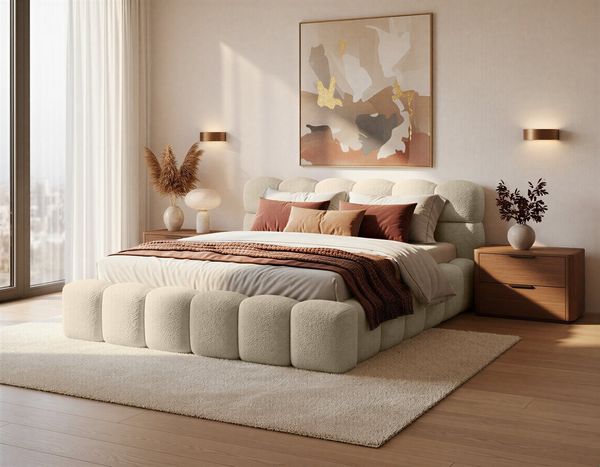 yourhouse24 Polsterbett Boston Slim Bouclé kompaktes Wolkenbett mit Bettkasten, Bubble-Optik & Japandi