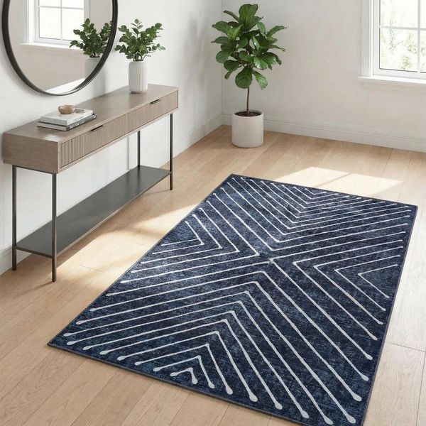 GarveeMore Teppich Faltbarer Kurzflor-Teppich 1160 g/m², 100% Polyester (Faux-Kaschmir), rechteckig, Höhe: 6 mm, modernes geometrisches Linienmuster, rutschfeste Rückseite