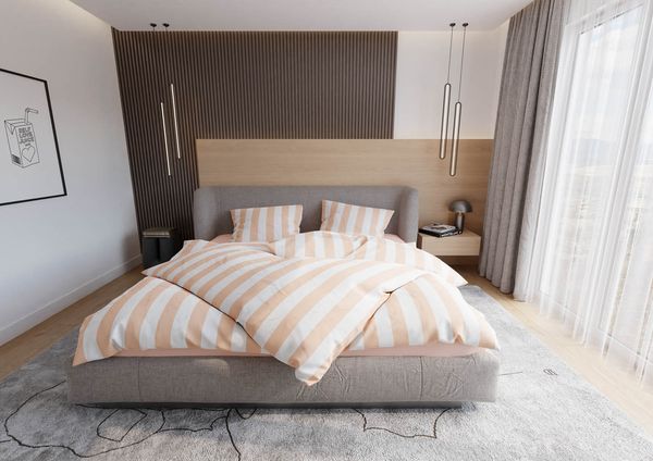 Mako Satin Bettwäsche Blocksteifen apricot 240x220 + 2x 80x80