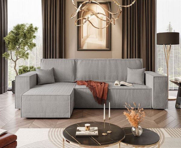 Lookway Ecksofa Gepolstertes CARLOS L-Form, Cord-Stoff, mit Schlaffunktion und Bettkasten, Seite universal