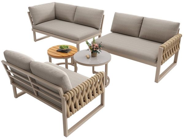 i@home Gartenlounge-Set Modulares Gartenlounge-Set für 5–6 Personen, (Terrassensofa mit 2 runden Tischen, 5-tlg), abnehmbare Kissen, L-Form oder U-Form kombinierbar