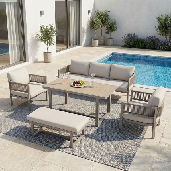Merax Gartenlounge-Set, 6-Sitzer Gartenmöbel-Set mit bequemen Kissen, 3-Sitzer-Sofa, 2 Sessel ,eine Bank und einen Esstisch, Tischplatte aus WPC, PE-Geflechtseil, Gestell aus verzinktem Eisen, beige