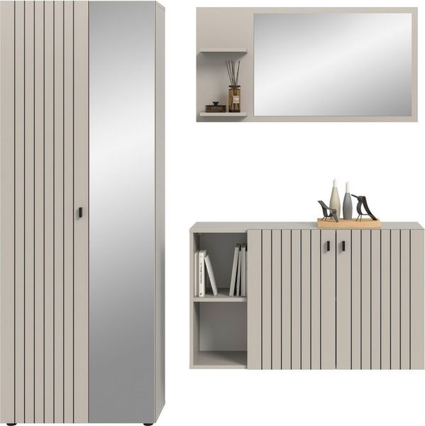 Home affaire Garderoben-Set TATIO, 3-tlg. Garderobenkombination, Breite: 191 cm, Rillenfräsung, (Set, 3-St, Set, best. aus: 1 Spiegel, 1 Garderobenschrank, 1 Schuhkommode), Garderobenkombination, Kombi, Flur-Möbel, Spiegel, Kommode