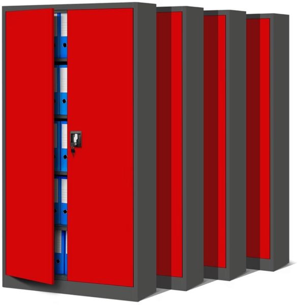 MegaDeal 4x Aktenschrank abschließbar JAN - 5 Ebenen verstellbar, Flügeltüren | Metallschrank Werkstatt Mehrzweckschrank Büroschrank aus Stahl Werkzeugschrank, 195x90x40cm Anthrazit-Rot