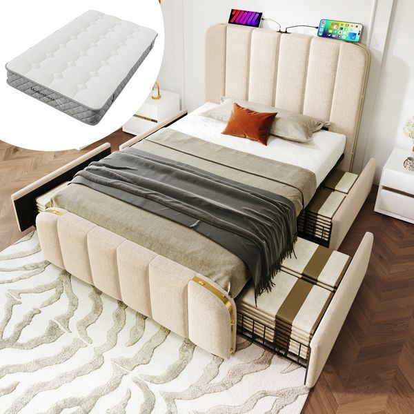 Polsterbett 90×200 cm mit 4 Schubladen, USB/Typ-C, beige, inkl. Matratze