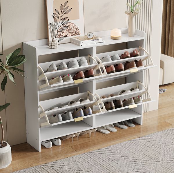 Schuhschrank 110 x 24 x 90 cm aus Spanplatte, weiß, mit 4 Klappfächern und offenen Ablagen