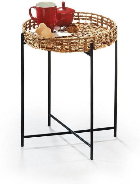 Kobolo Beistelltisch Dekotisch TEATIME aus Wasserhyazinthe und Metall (schwarz und natur, 1-St, Gestell und Tablett)