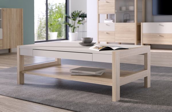 Couchtisch HOYVIK mit Schublade Optik Sonoma Eiche und Weiß, von Forte