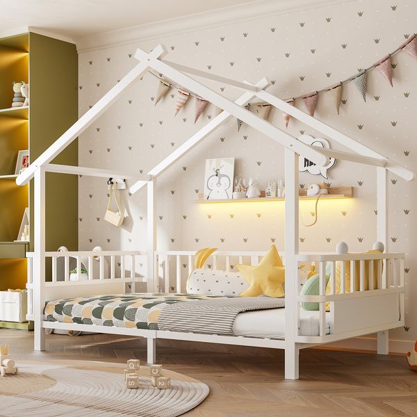 Kinderbett aus Metall in Hausform, 90x200 cm, mit Sicherheitsgitter, Dachdesign und dekorativem Rahmen, für Jungen und Mädchen, Weiß
