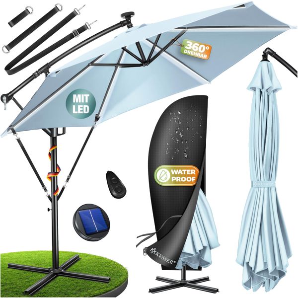 KESSER® Alu Ampelschirm LED Solar + Abdeckung mit Kurbelvorrichtung UV-Schutz Aluminium mit An-/Ausschalter Wasserabweisend - Sonnenschirm Schirm Gartenschirm 300cm, Hellblau