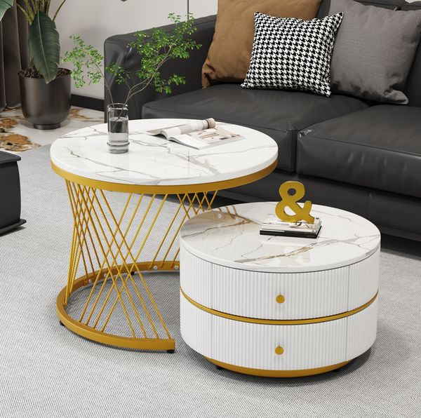 Couchtisch-Set 60x60x46 cm & 50x50x30,8 cm – elegantes Design in weiß mit Marmoroptik