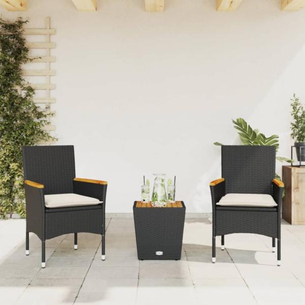 vidaXL 3-tlg. Bistro-Set mit Kissen Schwarz Poly Rattan und Glas 3278745