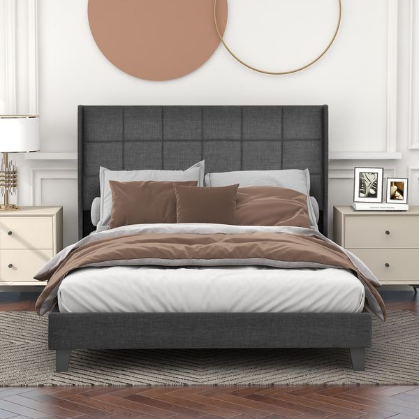 Polsterbett 140×200 cm aus Leinen-Stoff mit Matratze und Lattenrost, grau