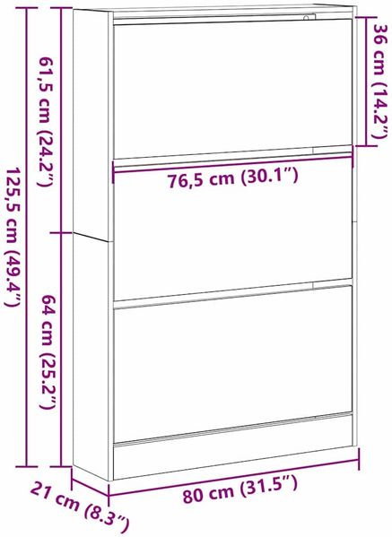 vidaXL Schuhschrank mit Regal Altholz 80 x 21 x 125,5 cm Holzwerkstoff 869102 Bild 12
