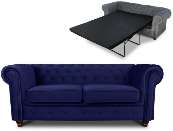Schlafsofa Chesterfield Asti Bis 2-Sitzer, Sofa mit Schlaffunktion, Couch 2-er, Couchgarnitur, Sofagarnitur, Holzfüße - Glamour Design, Velours (Dunkelblau (Velvet 86))