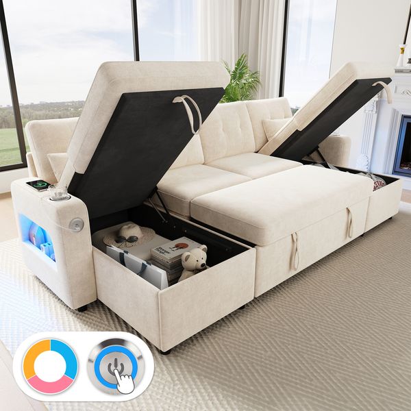Merax Ausziehbares U‑Sofa, Ecksofa‑Bett mit Schlaffunktion, Sofa mit Stauraum, Doppel‑Chaiselongue, versteckter Stauraum, Sofa mit Getränkehalter, USB‑ und LED‑Beleuchtung, Armlehnen‑Stauraum, Beige