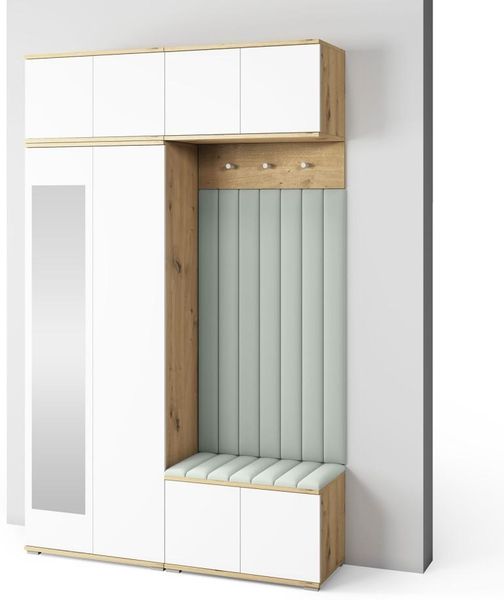 Garderoben-Set Aura Version 9: Kleiderschrank mit Polsterpaneelen, Schuhschrank Flur und Eingangsbereich (weiß/Artisan-Eiche /Trinity 21), 225cm x 40 x 140 cm