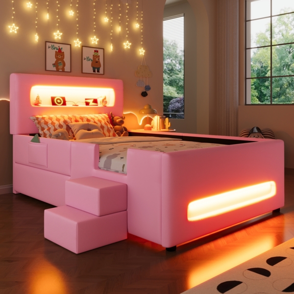 Gepolstertes Plattformbett, mit Treppe Schubladen LED-Lichtleisten Aufbewahrungstaschen, Stoff Holzwerkstoff, Rosa, 90 x 200 cm